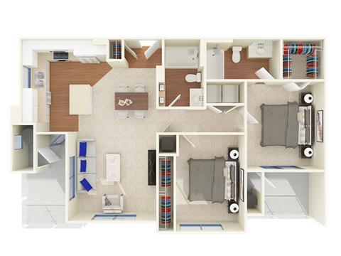 Floor plan for 2 beds, 2 baths, 1044 sqft